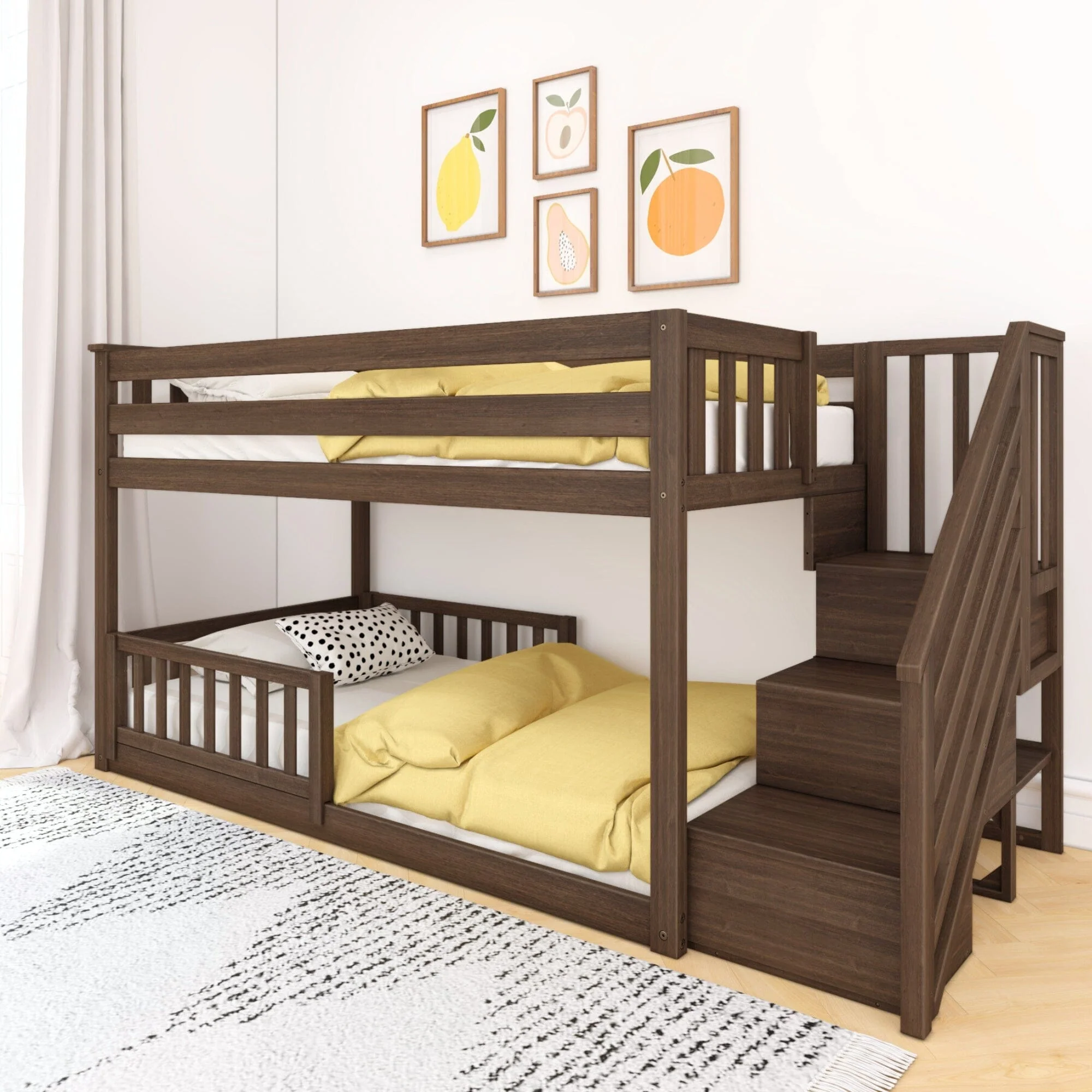 Twin Over Twin Low Bunk Bed With Stairs & Guardrails - Image 14