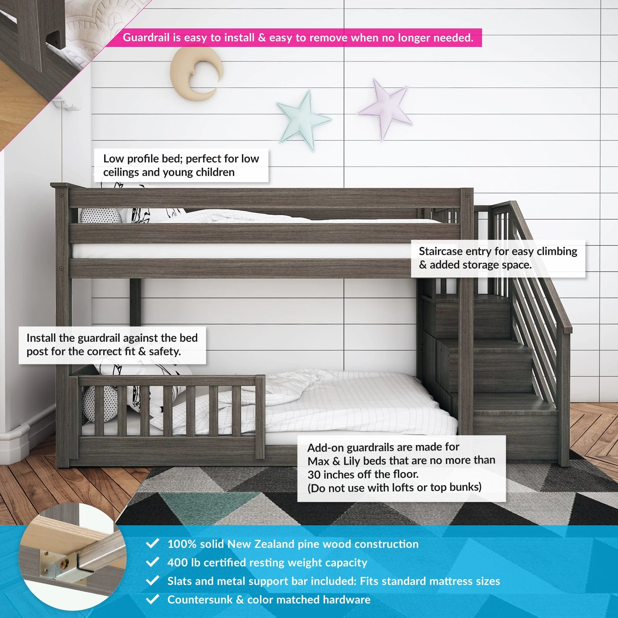 Twin Over Twin Low Bunk Bed With Stairs & Guardrails - Image 22