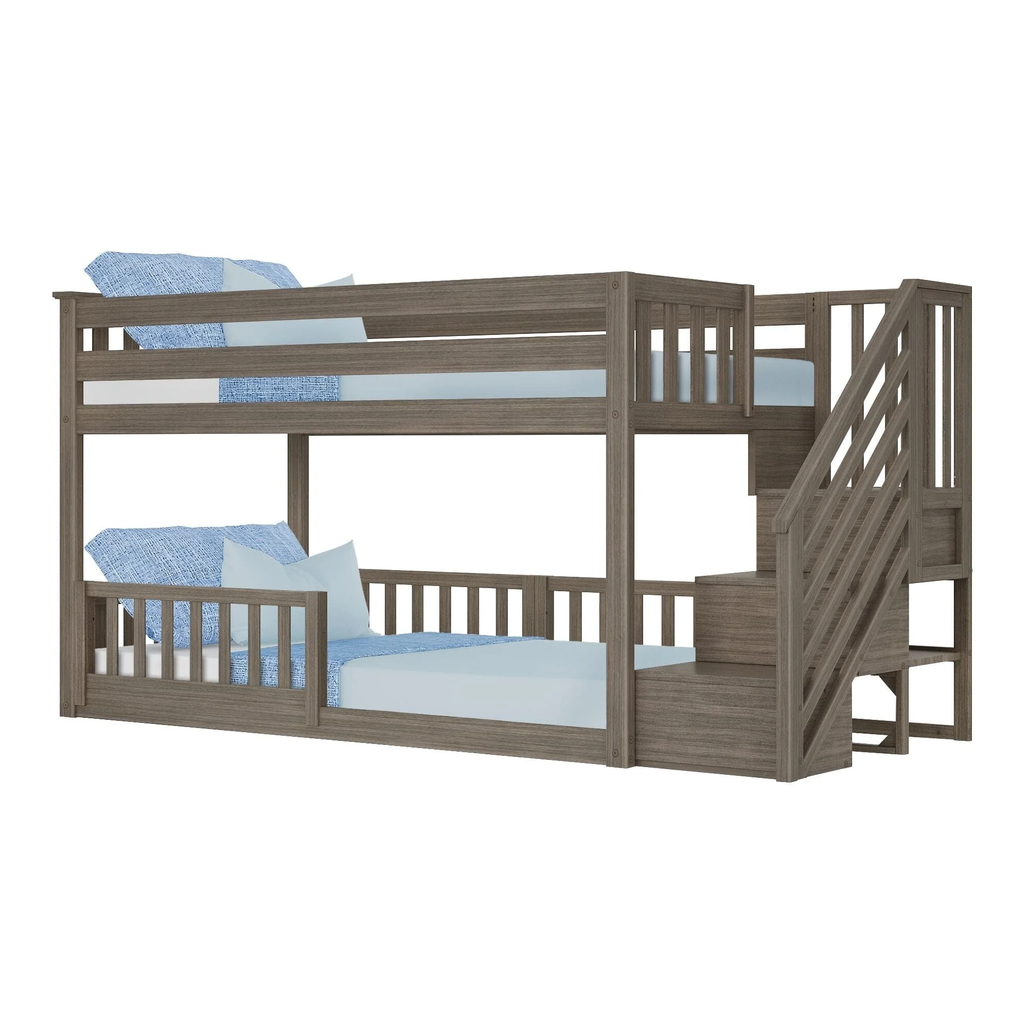 Twin Over Twin Low Bunk Bed With Stairs & Guardrails - Image 39
