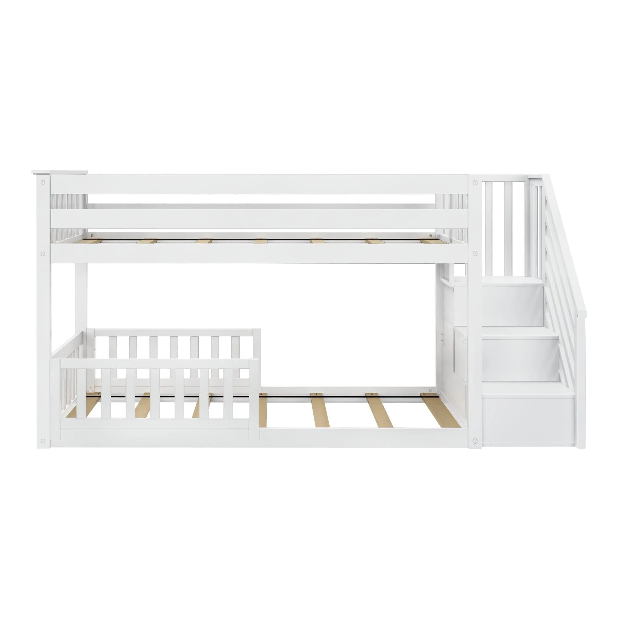 Twin Over Twin Low Bunk Bed With Stairs & Guardrails - Image 47