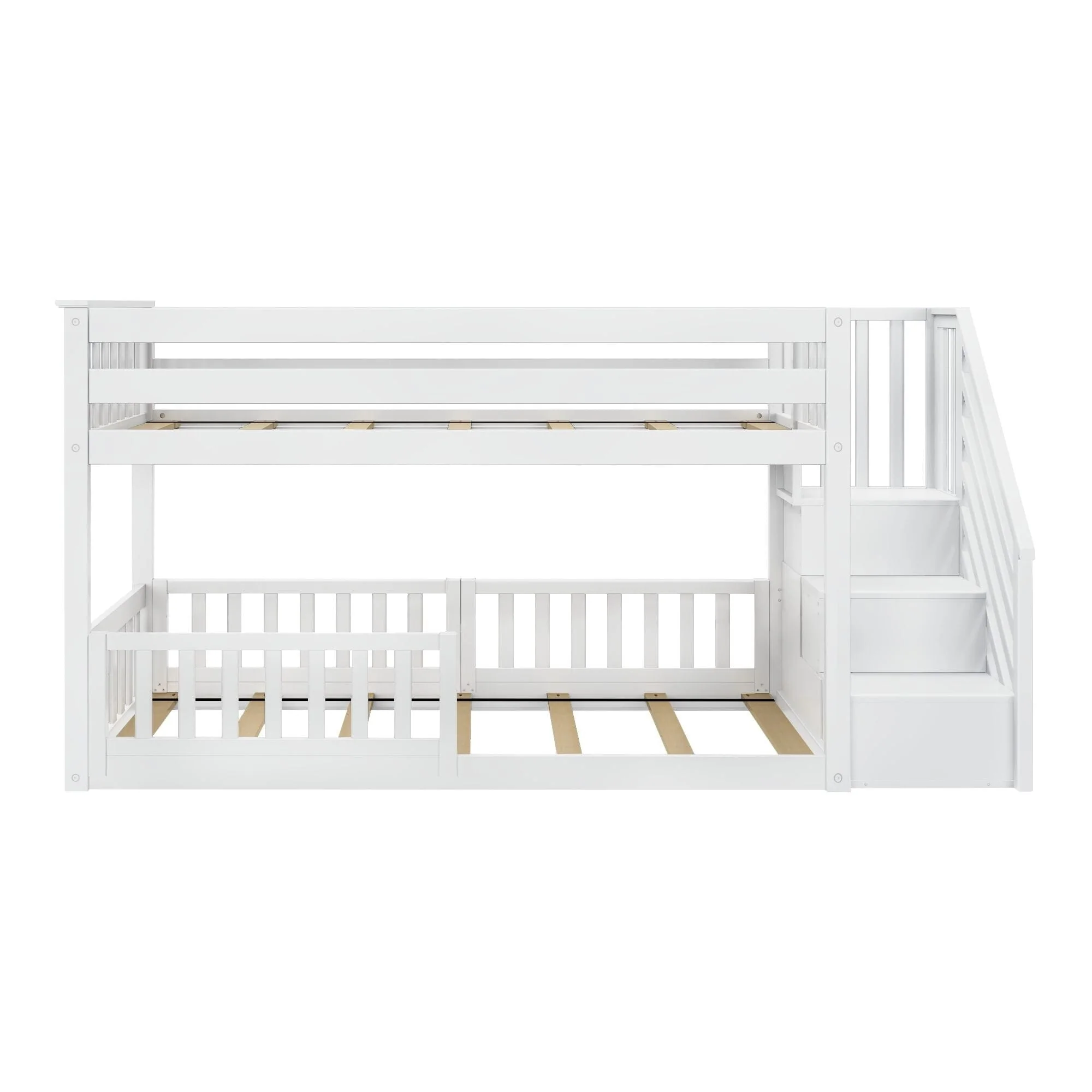 Twin Over Twin Low Bunk Bed With Stairs & Guardrails - Image 48