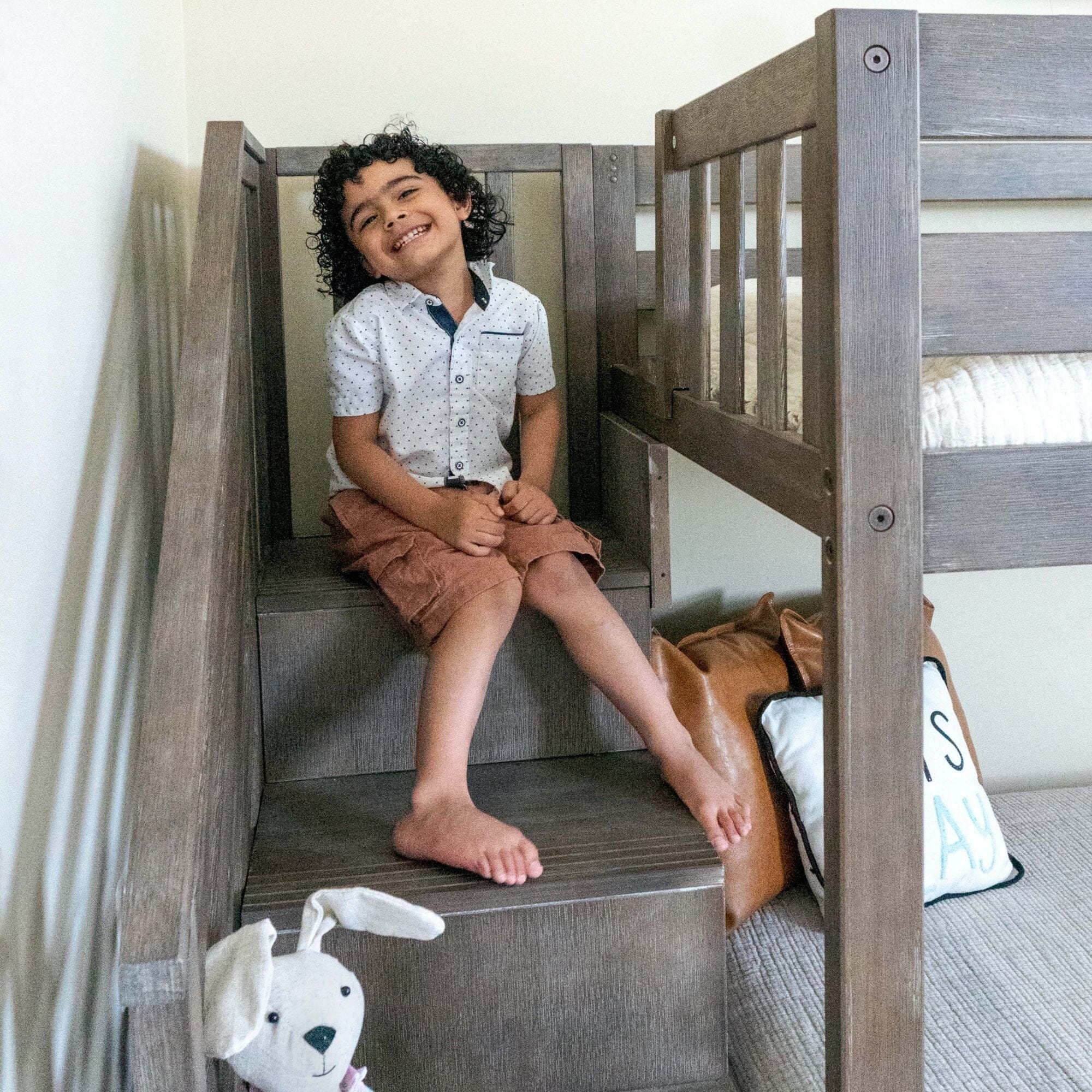 Twin Over Twin Low Bunk Bed With Stairs & Guardrails - Image 68