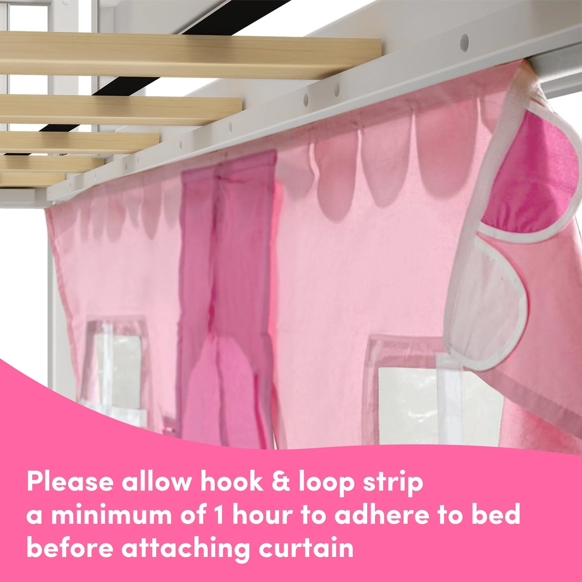 Twin Over Twin Low Bunk Bed with Slide & Pink & White Farmhouse Curtain - Image 9