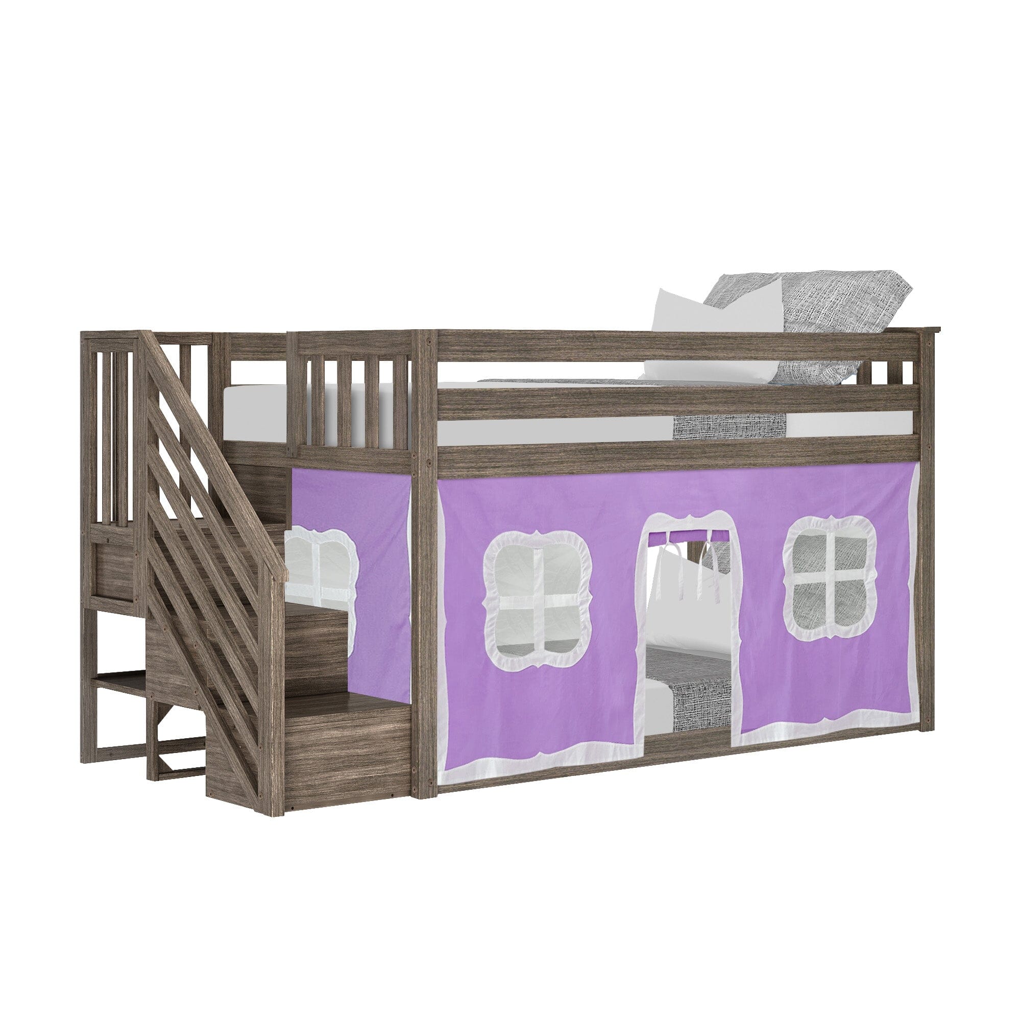 Twin Over Twin Low Bunk Bed With Staircase & Curtains - Image 35