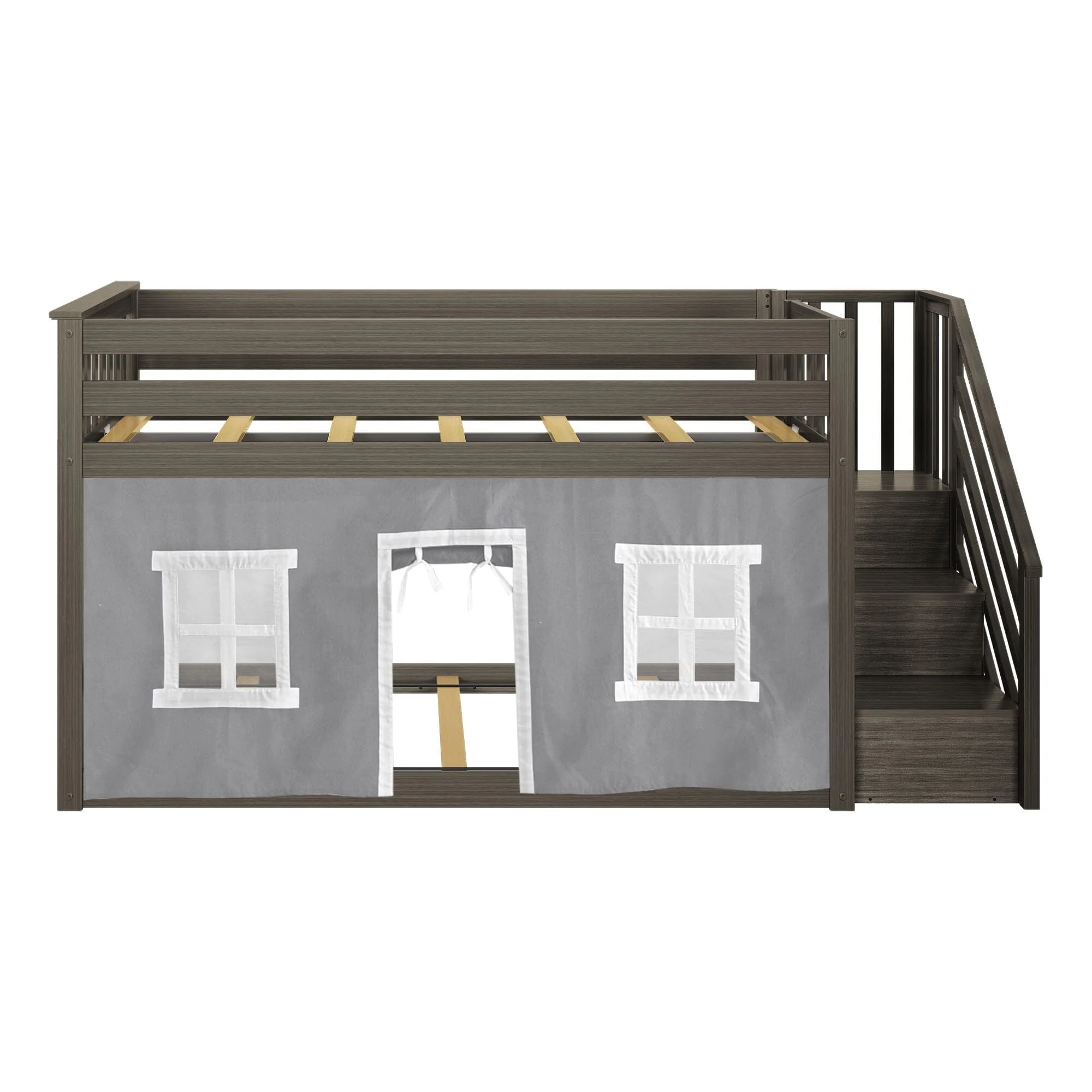 Twin Over Twin Low Bunk Bed With Staircase & Curtains - Image 46