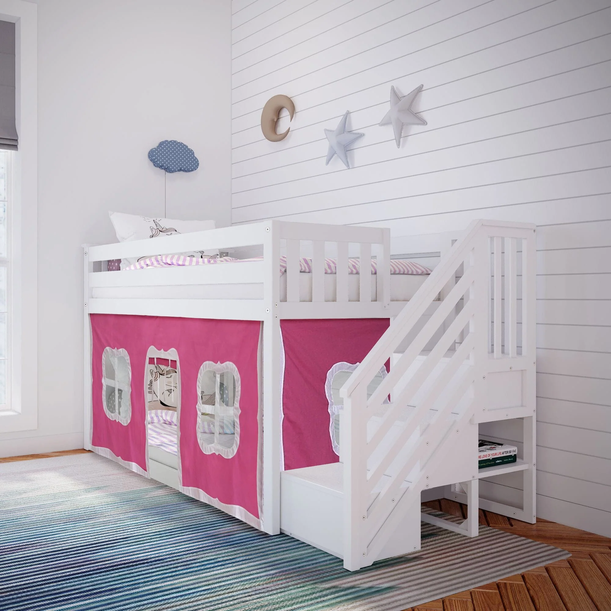 Twin Over Twin Low Bunk Bed With Staircase & Curtains - Image 5