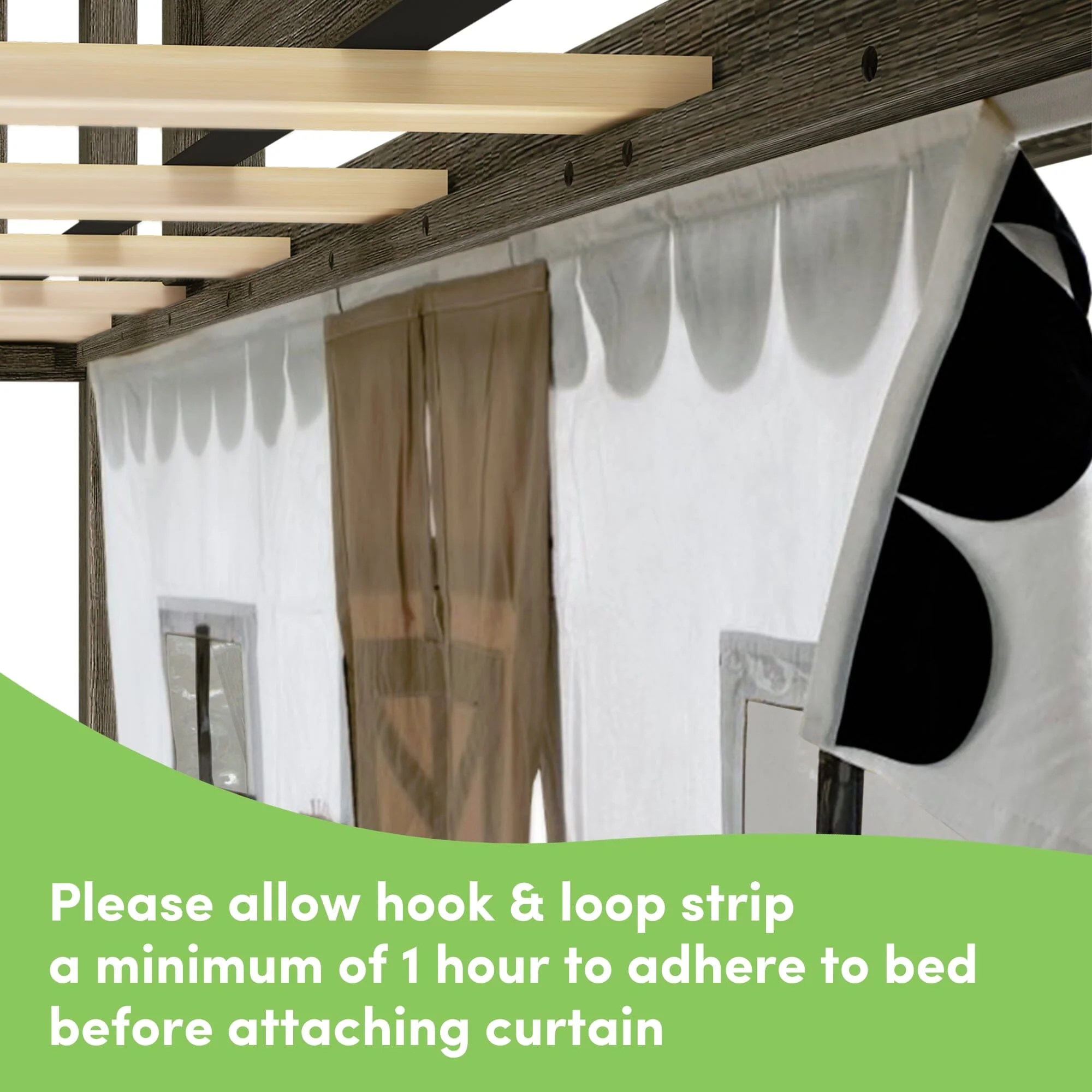Twin Over Twin Low Bunk Bed with Stairs, Slide, & Black & White Farmhouse Curtain - Image 10