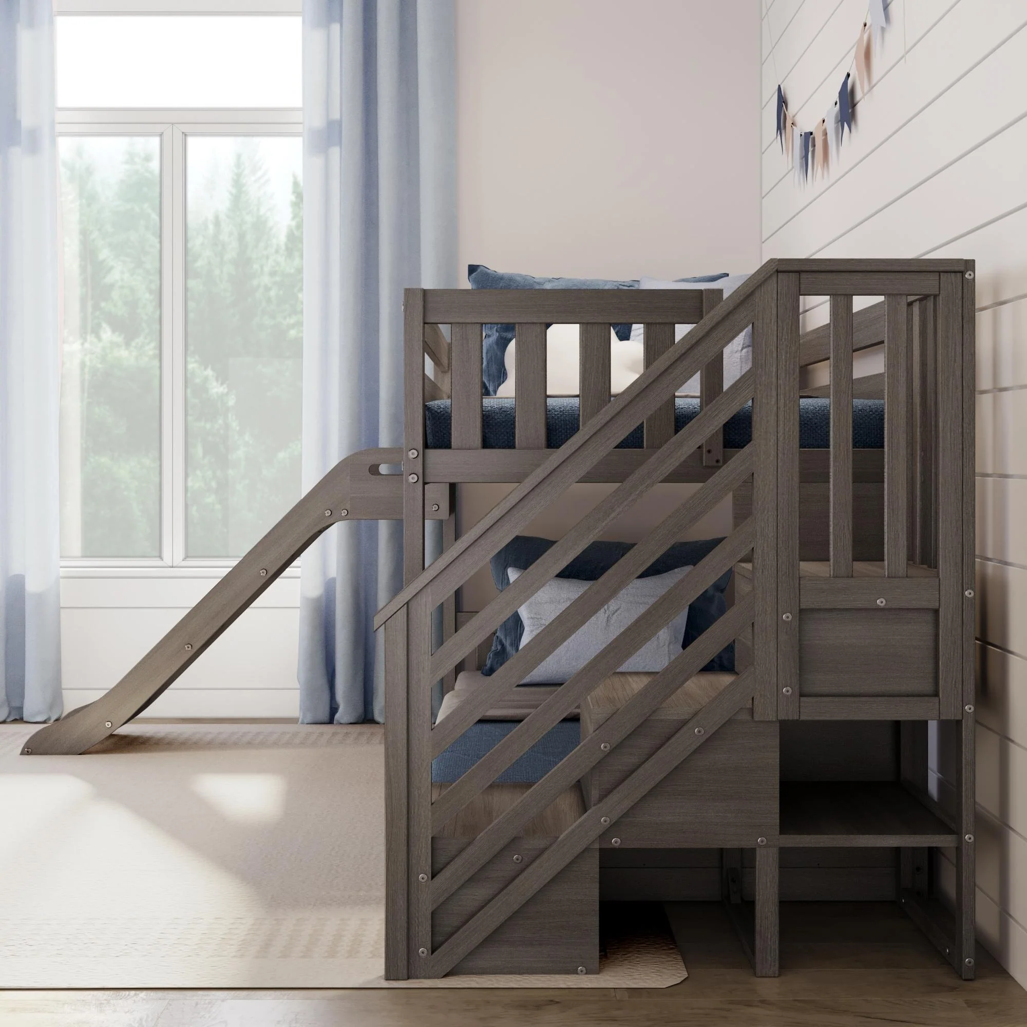 Twin Over Twin Low Bunk Bed With Slide & Stairs - Image 17